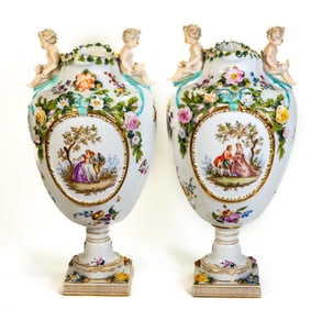 Pair of Antique German Meissen (Marcolini) Hand Painted Vases