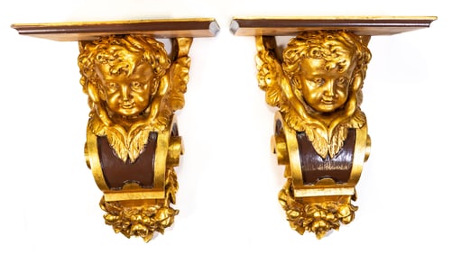 Pair Heavy Gilt Wood Angel Head Wall Shelf Sconces