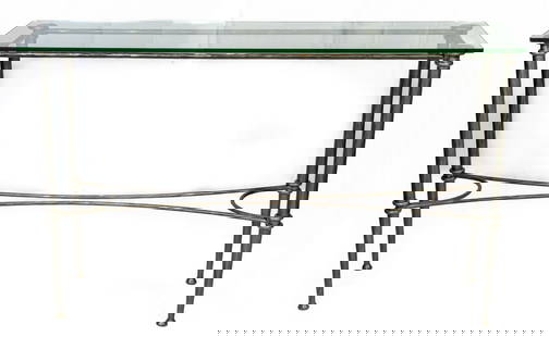 Post Modern Metal and Glass Top Console Table: Post Modern Glass top Gun Metal Grey Iron base Console Table with round tapering legs and fancy shaped stretcher.