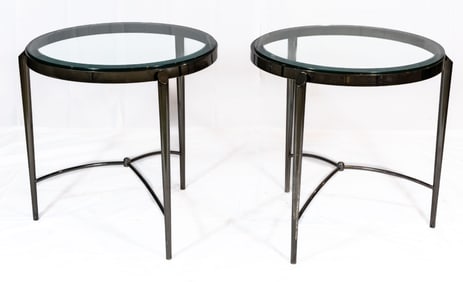 Pair Round Gunmetal Grey Metal Glass Top Accent Tables