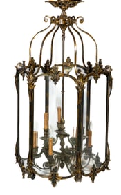 Large Metropolitan 9 Light Foyer Pendant Six Panel Chandelier with Beveled Glass