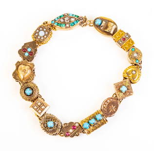 14k Antique Slide Bracelet: 14k yellow gold antique slide bracelet, with 15 charm-like stations comprised of heart, oval, round, and cylinder-shaped charms adorned with turquoise beads, pearls, garnets,and opals. Closure is a bo