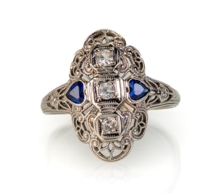 Art Deco 18k White Gold Diamond and Sapphire Ring