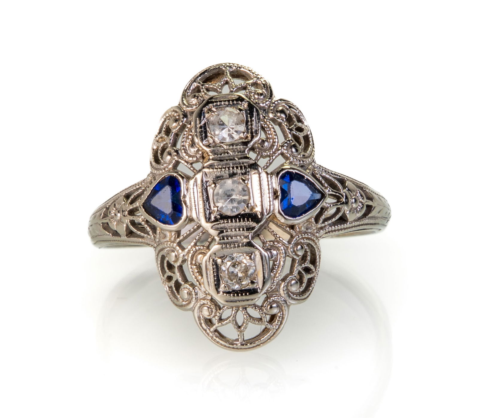 Art Deco 18k White Gold Diamond and Sapphire Ring (1 of 5)