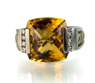 David Yurman Sterling Silver Diamond and Citrine Ring