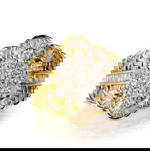 14k Gold Diamond Ring: 14k yellow gold and diamond Art Deco ring featuring "Chrysler tower style" design filled with small rectangular diamonds and a center flower composed of a cluster of 19 round-cut melee diamonds. 