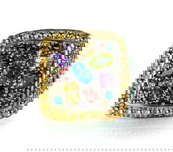 Effy 18k Gold Sterling “Balissima” Cocktail Ring: "Balissima" by Effy 18k yellow gold and sterling silver square top cocktail ring featuring oval, round, and pear cut semi-prescious stones (amethyst, peridot, garnet, citrine, and blue topaz.) The