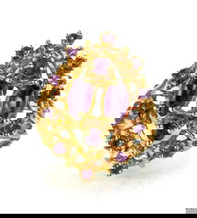 14k Gold and Amethyst Ring: 14k yellow gold ring with two small marquise shaped cabochon amethysts and 12 round cut amethysts, all pronged-set in an open work sculptural setting with a cage-like shank. Ring Size: 9. Markings: