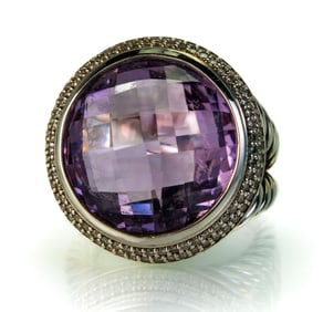 David Yurman Sterling Silver, Diamond and Amethyst Cocktail Ring