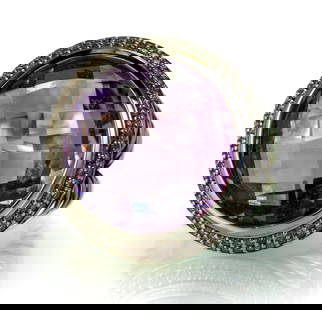 David Yurman Sterling Silver, Diamond and Amethyst Cocktail Ring: David Yurman Sterling Silver cocktail ring from the "Cerise Collection" with a multifaceted bezel set amethyst center stone surrounded by two rows of melee diamonds set on a twisted split shank. 