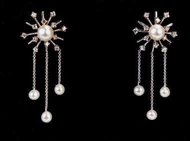14k White Gold Diamond and Pearl Starburst Earrings