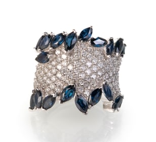 14k Effy BH White Gold Pave Diamond and Sapphire Ring