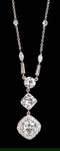 18k White Gold George Press Diamond Pendant Necklace: 14k white gold chain and diamond pendant necklace comprised of a short chain with two bezel set, round brilliant cut melee diamonds followed by two v-shaped prong set marquise cut diamonds and two ten