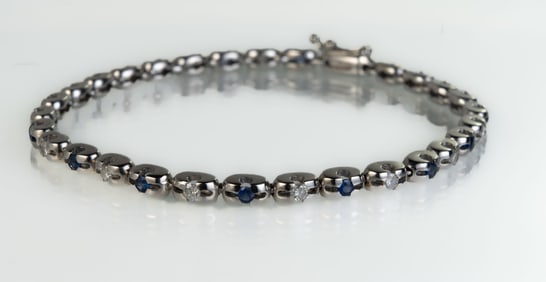 18k White Gold Diamond and Sapphire Line Bracelet