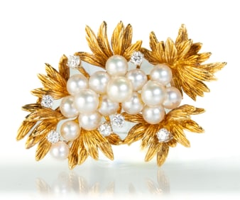 18k Pearl and Diamond Brooch