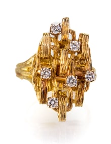 14k Yellow Gold and Diamonds Brutalist Ring