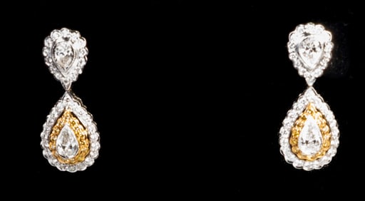 18k White and Yellow Gold Tear Drop Diamond Earrings