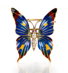 18k Yellow Gold Enamel Butterfly Brooch