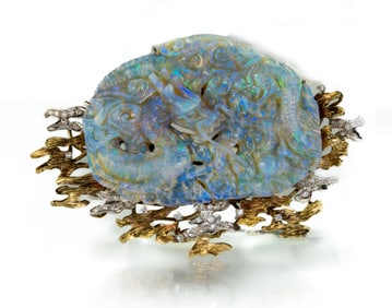 Large 14k Gold Opal Dragon Brooch