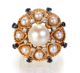 14k Pearl, Diamond and Sapphire Dome Style Ring