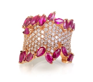 14k Pink Sapphire and Pave Diamond Ring