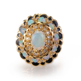 14k Opal, Diamond and Enamel Ring