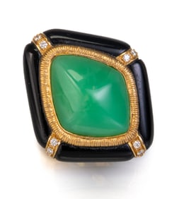 14k Enamel with Green Chalcedony and Diamond Ring