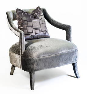 BRABBU OKA Upholstered Armchair: A BRABBU OKA Silvered Grey velvet upholstered open Armchair with a textured grey velvet down-filled accent pillow. BRABBU metal stamp on bottom. Please note: All property is sold "AS IS" and any