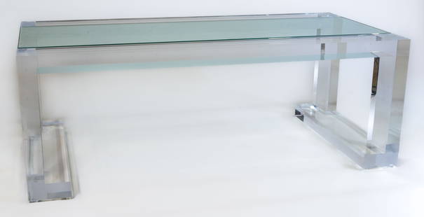 Hollywood Regency Lucite Coffee Table with Glass Inset: A Hollywood Regency style architectural Lucite coffee table with removable beveled glass inset interior panel. Please note: All property is sold "AS IS" and any statement, whether oral or written,
