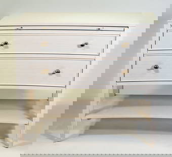 Pair of Miranda Kerr Chelsea Night Stands: Pair of Miranda Kerr Chelsea Nightstands. Concave front alabaster color nightstands with two drawers and a laminated writing slide. Accented with brushed nickel hexagonal hardware Please note: All