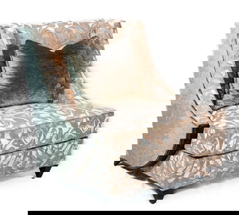 Christopher Guy Upholstered Occasional Chair: Christopher Guy Occasional Chair in textured crushed velvet silvered grey upholstery. Front and seat of chair is covered in geometric grey and silvered crushed velvet and back is covered in solid