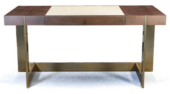 Grange France Raspail Desk: A Grange France Modern Desk. Stained Oak and Brass with inset leather writing surface. Single drawer. An incredible and rare example from Grange. Please note: All property is sold "AS IS" and any stat