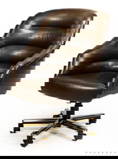 A. Rudin Executive Leather Office Chair: An A. Rudin Executive Office chair in brown leather on brass five leg brass base. Chair raises and lowers, swivels and tilts. The top of the line A. Rudin Executive Chair. Please note: All property is