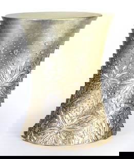 Baker Furniture Petal Drum Table: A Baker Furniture silvered paint drum form garden table with raised flower petal design. Please note: All property is sold "AS IS" and any statement, whether oral or written, is given as a