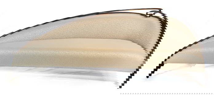 Christopher Guy "Swirl Droite" Sofa: A Christopher Guy "Swirl Droite" sweeping chaise lounge sofa with assymetrical slant complemented by a delicate swirl of carved ebonized mahogany. Frame of same ebonized mahogany with Christopher Guy