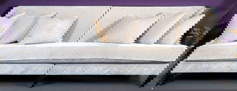 Christopher Guy Sofa: Silver crushed velvet upholstery with ebonized mahogany frame. Sofa comes in two parts attaching at the middle base. Comes with 6 accent pillows. Please note: All property is sold "AS IS" and any stat
