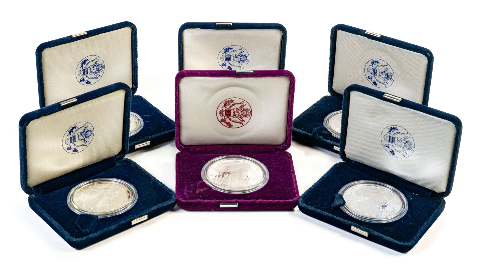 Six (6) US Silver Eagle 1 Ounce Silver Coins Boxed (1 of 6)