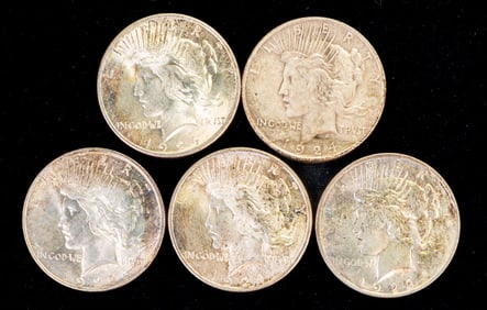 Five (5) US Liberty Peace Silver Dollars