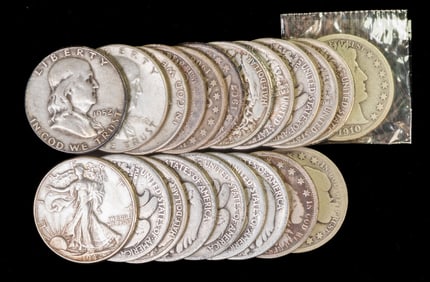 Twenty-one (21) Mixed US 90% Silver Half Dollars Barber Walking Liberty Franklin
