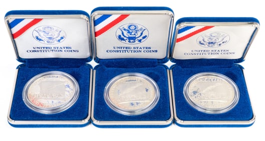Three (3) 1987 US Constitution Coins $1 Silver Dollar