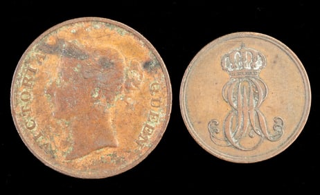 1845 Queen Victoria East India Co. One Cent & 1847 2 Pfennigs