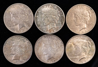 Six (6) US Liberty Peace Silver Dollars