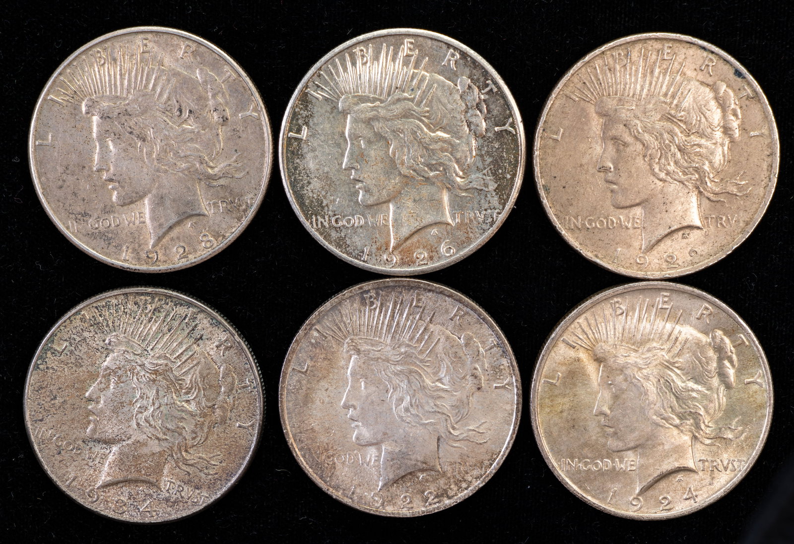 Six (6) US Liberty Peace Silver Dollars (1 of 2)