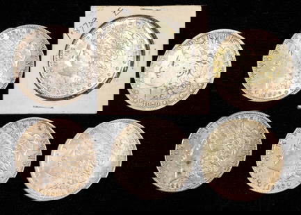 Six (6) US Morgan Silver Dollars: Six (6) Morgan Silver Dollars including 1878 S, 1879, 1886, 1886 O, 1890 S and 1921