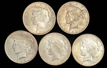 Five (5) US Liberty Peace Dollars