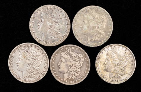 Five (5) US Morgan Silver Dollars: Five (5) Morgan Silver Dollars including 1879, 1880, 1881, 1882 O, and 1884