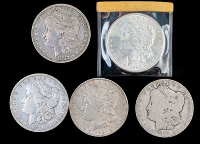 Five (5) Morgan Silver Dollars 1904, 1892 O, 1885 S, 1897 S, 1890