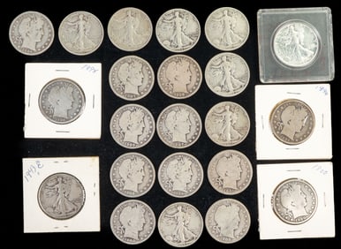 Twenty-Two (22) Barber & Walking Liberty Half Dollars $11 FV