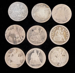 Nine (9) Seated Liberty Dimes including Carson City