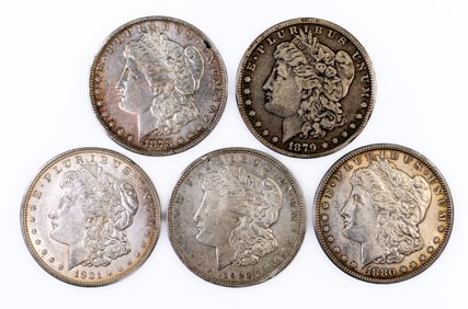 Five (5) Morgan Silver Dollars. Mixed dates